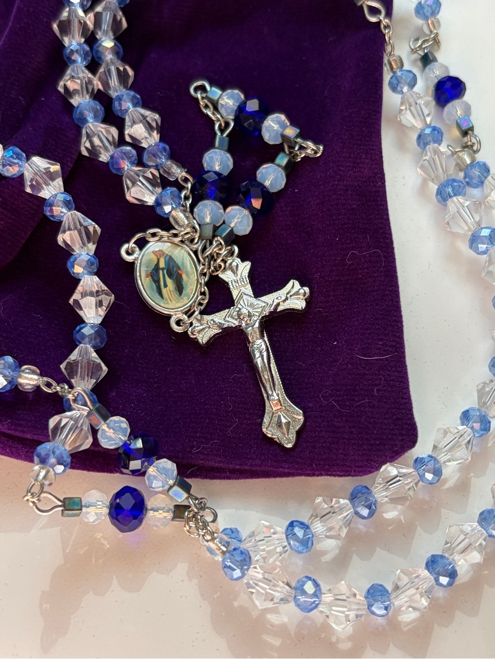 4/$100 Blue Crystal Rosary Necklace with Silver Crucifix